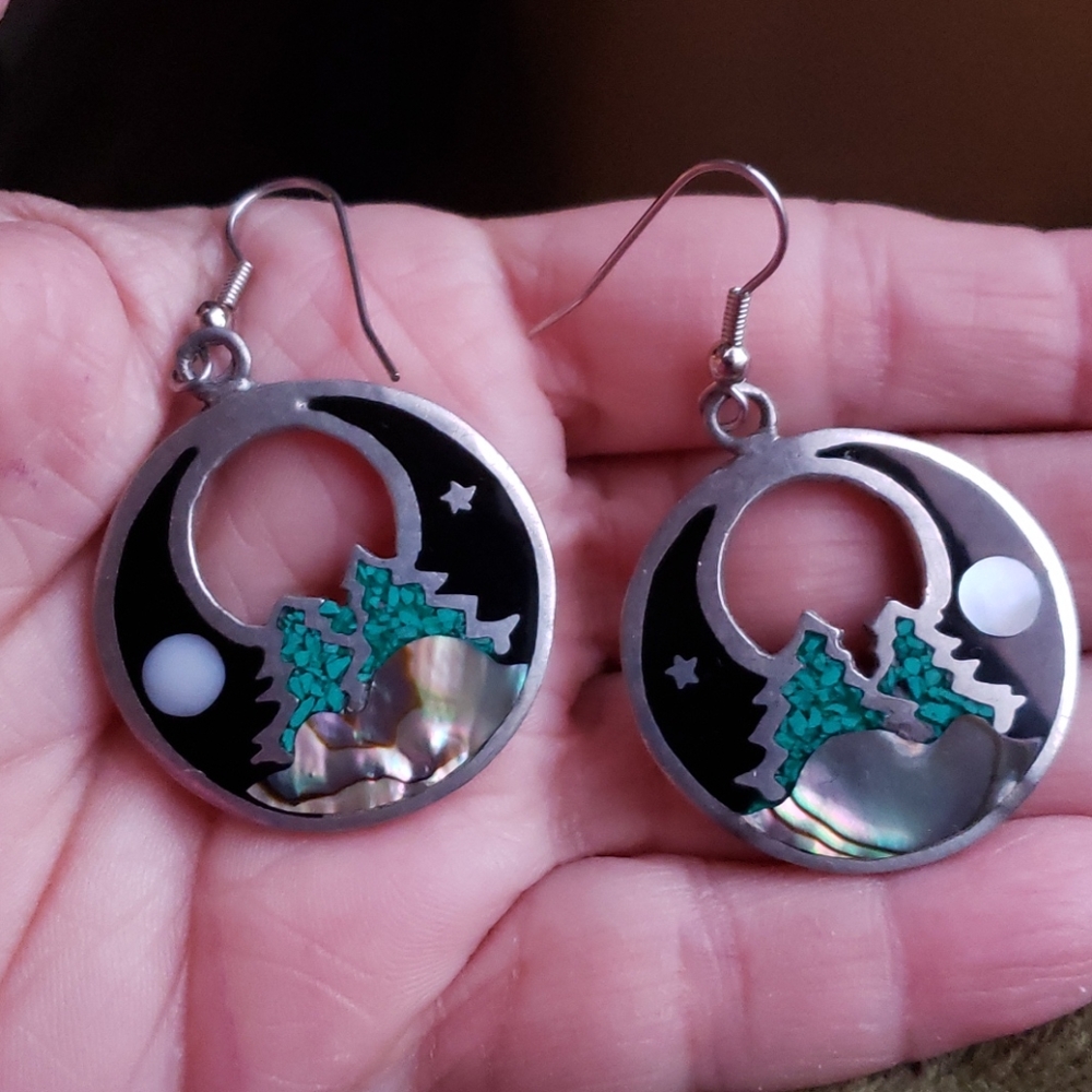 Signed Artist Vintage Malachite, MOP and Onyx Earrings